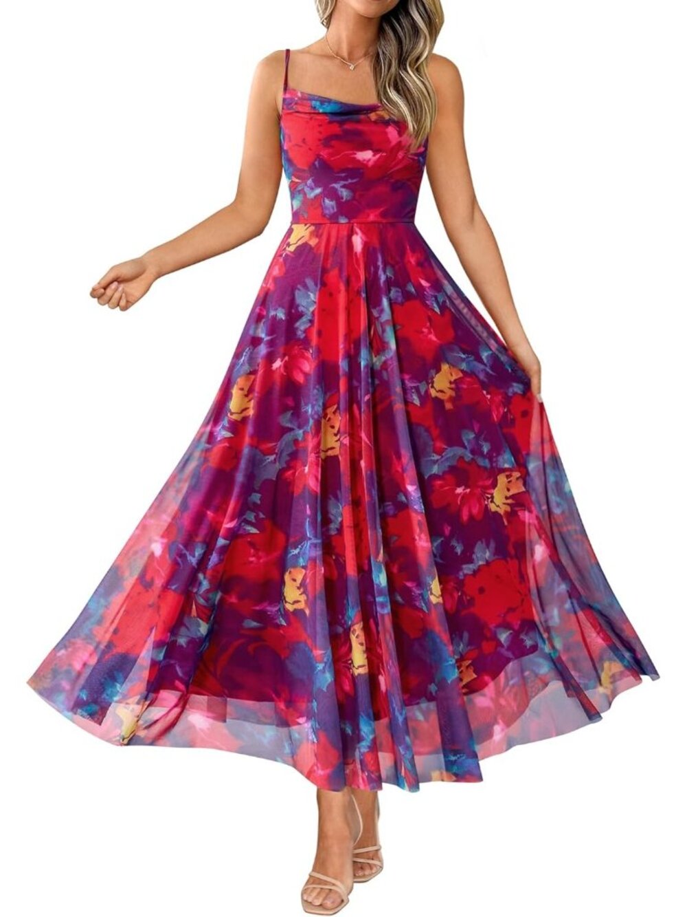 〽️Navy Red Floral Maxi Dress Women's Cowl Neck A Line Flowing Summer Formal